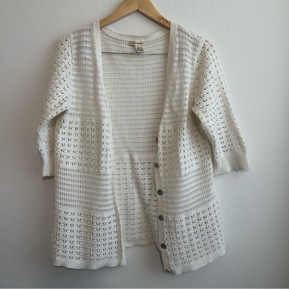 DKNY White Knit crochet Cardigan Sweater cover up